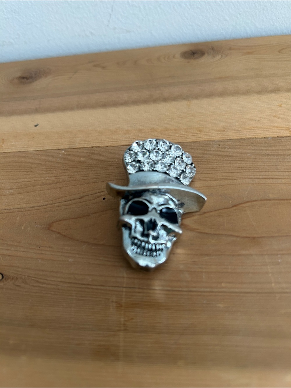 Silver Skull Hat Lapel Pin with Rhinestones - Silver Brooch